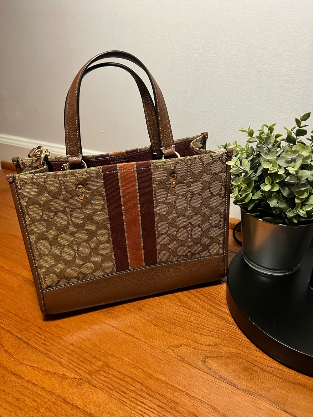 Coach Signature Canvas Tote with Brown and Burgundy Stripes - Picture 4 of 7